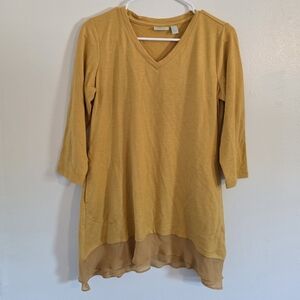 LOGO By Lori Goldstein Mustard Yellow V-Neck Tunic with Sheer Hem